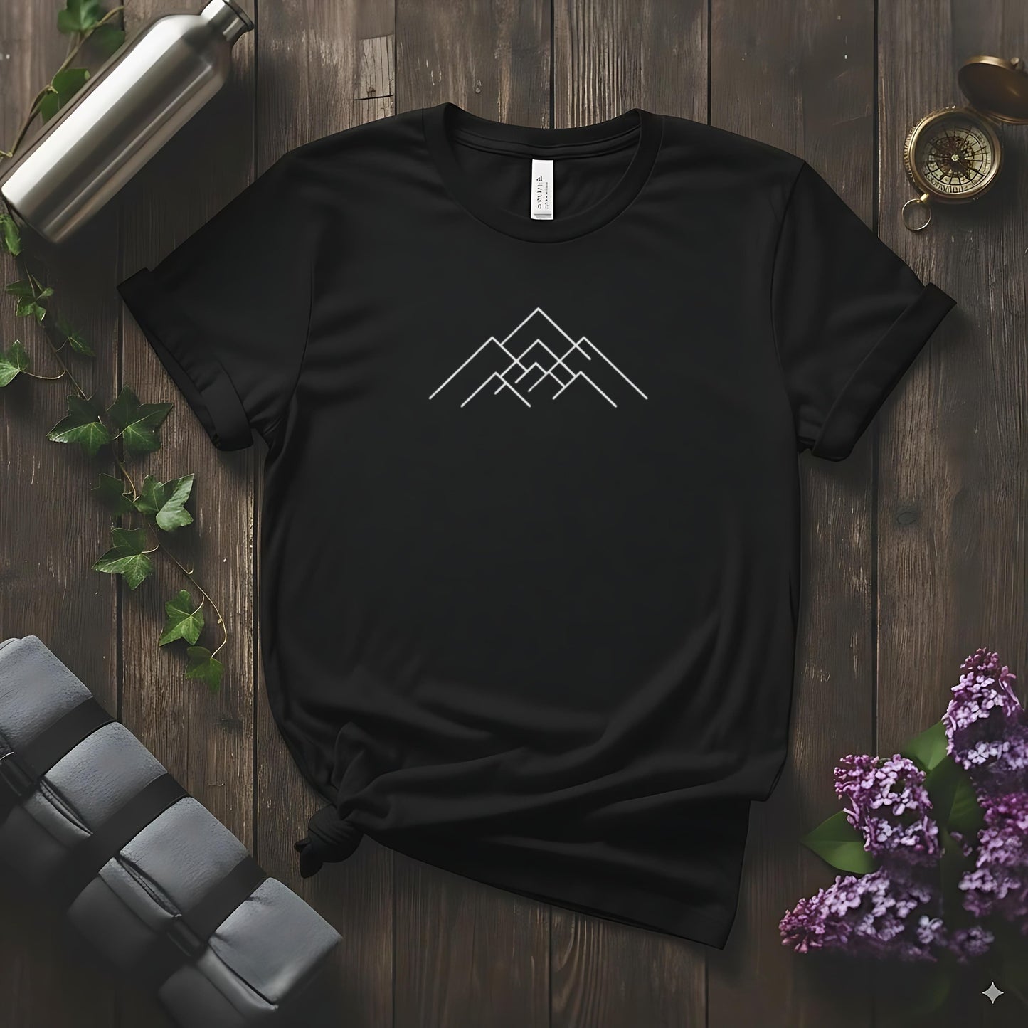 Black T-shirt with Geometric Mountain Design product type