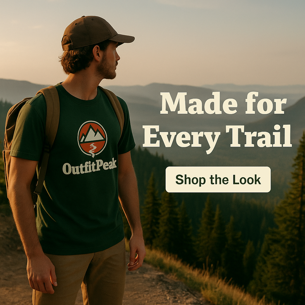 Man in green 'Outfit Peak' t-shirt and cap with backpack, standing on a trail with mountains in the background.